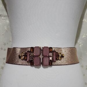 Anthropologie Women's S Rose Gold Metallic Elastic Belt Gemstone Buckle